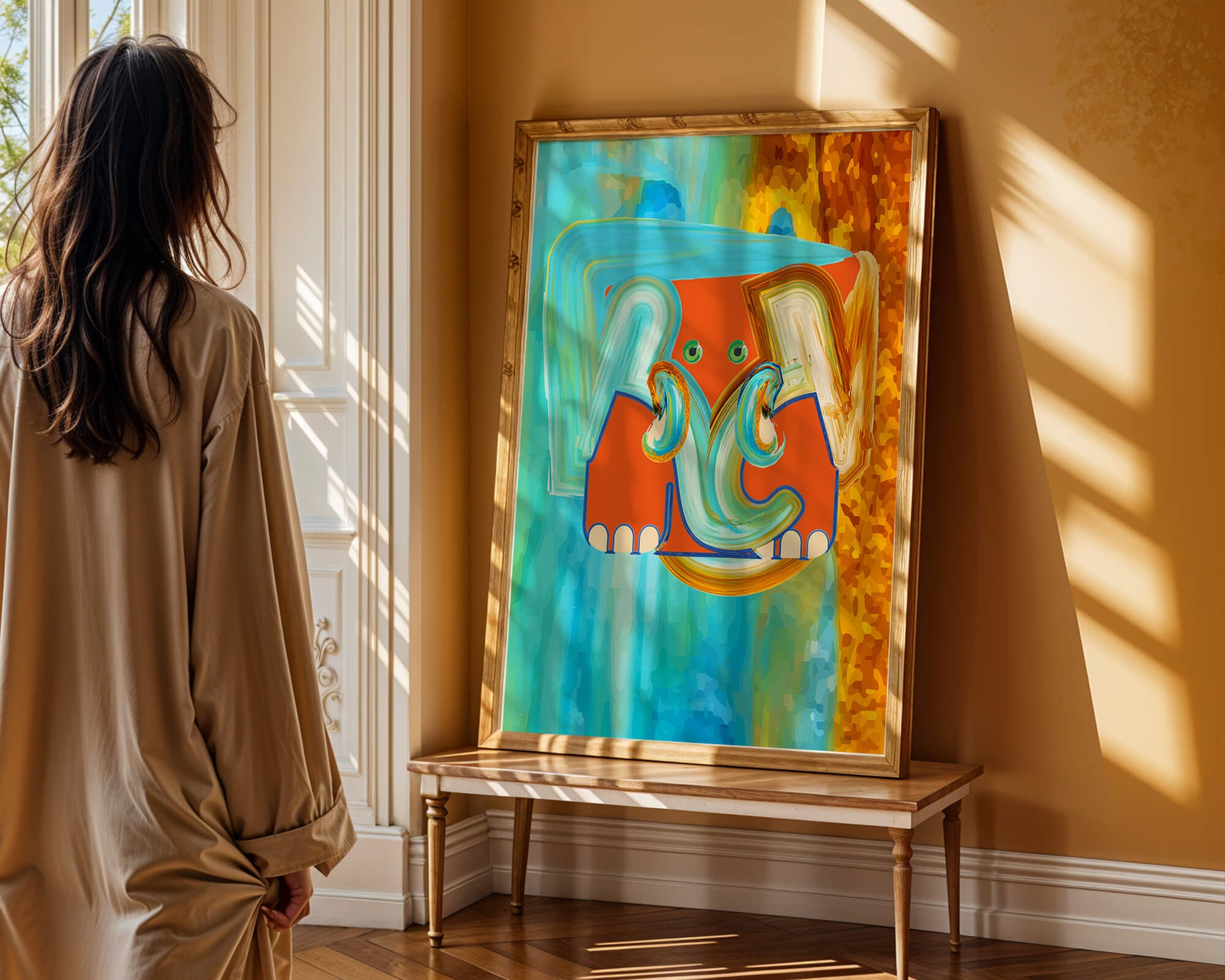 Pintura abstracta colorida de un elefante con tonos vibrantes y pinceladas artísticas.