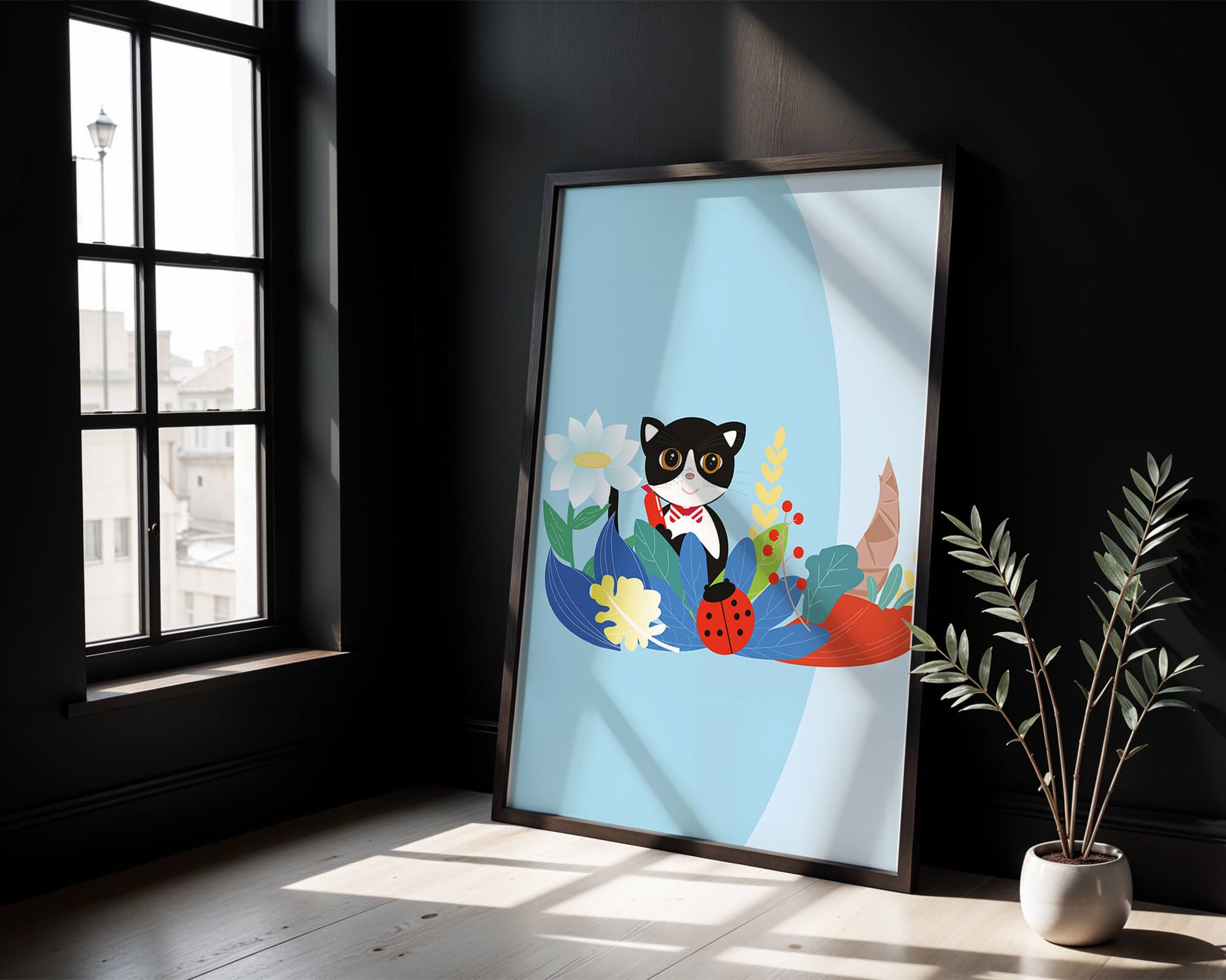 Ilustración de un gato con mariquita y flores sobre fondo azul claro