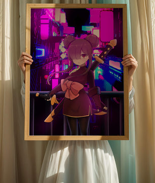 Personaje de anime con espadas y fondo de paisaje urbano neón