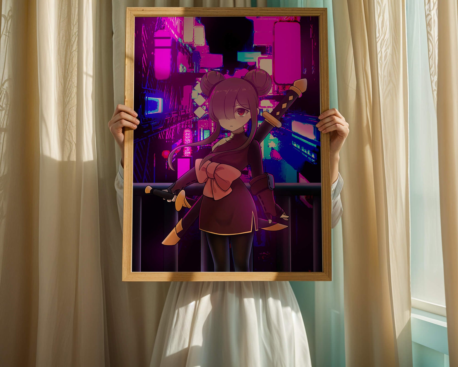 Anime Character with Swords and Neon Cityscape Background