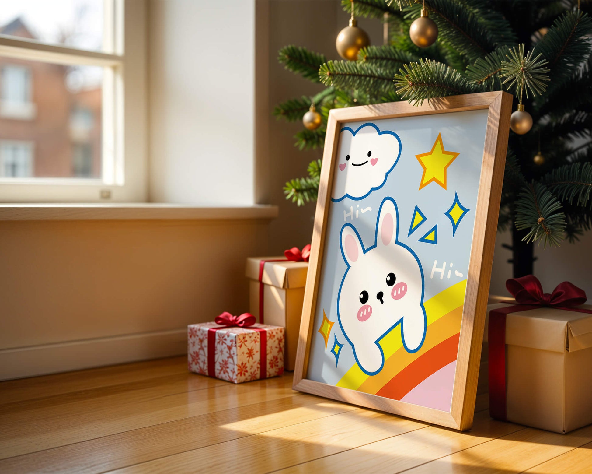 Whimsical cartoon bunny with cloud and rainbow theme