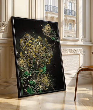 Œuvre élégante de chrysanthèmes dorés et verts sur fond sombre