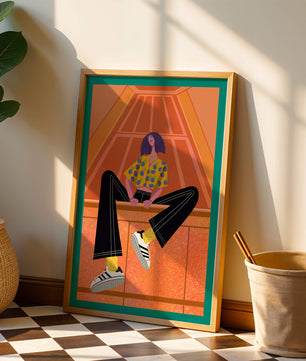 Stylish woman sitting in a vibrant geometric setting