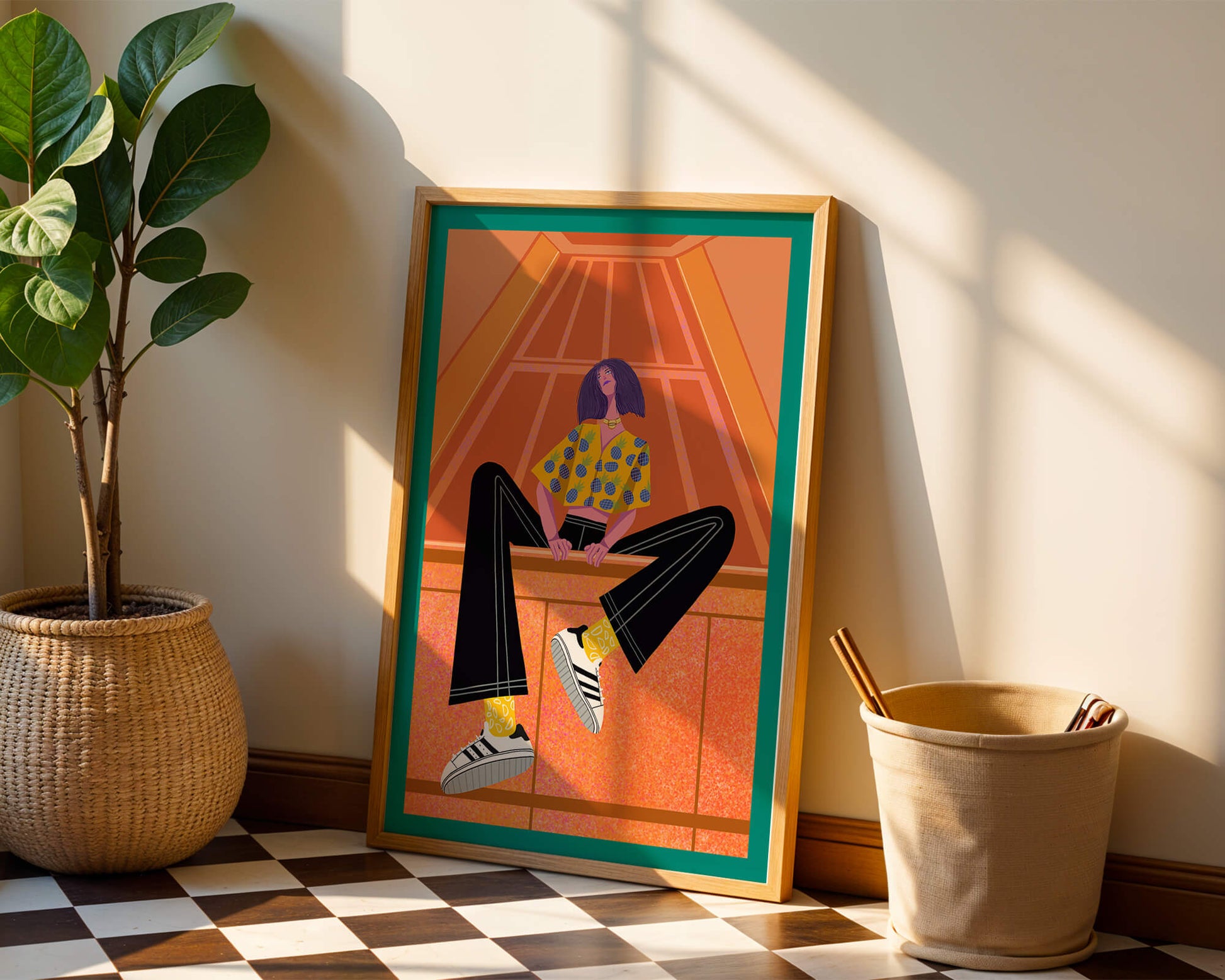 Stylish woman sitting in a vibrant geometric setting
