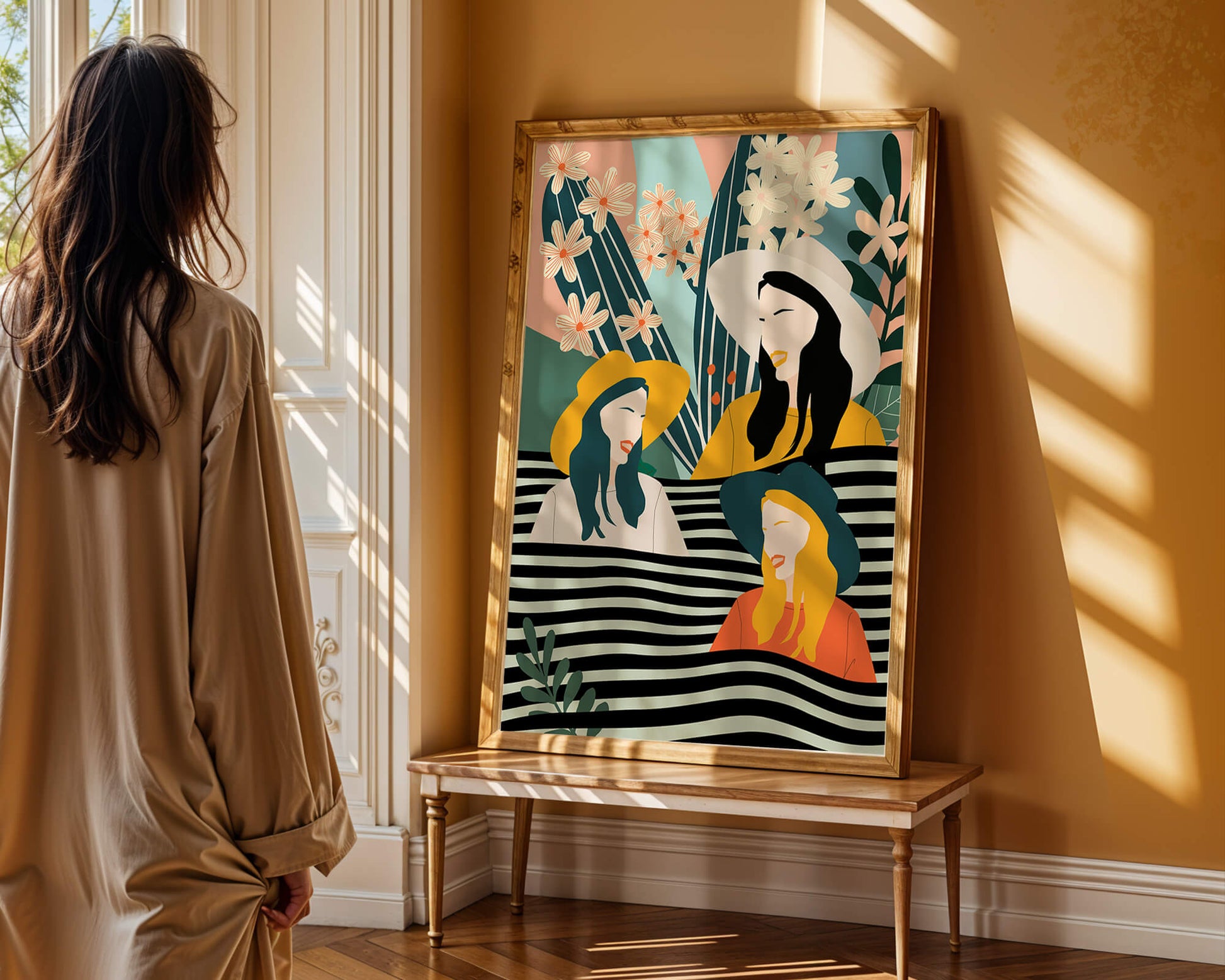 Illustration abstraite colorée de trois femmes avec des éléments floraux et botaniques