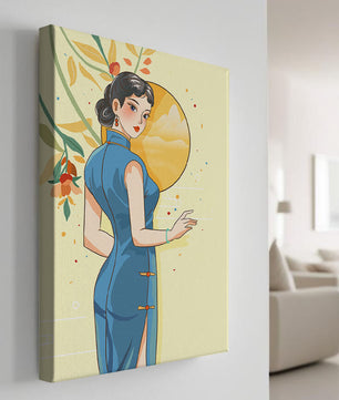 Mujer elegante con vestido tradicional y fondo floral y sol dorado