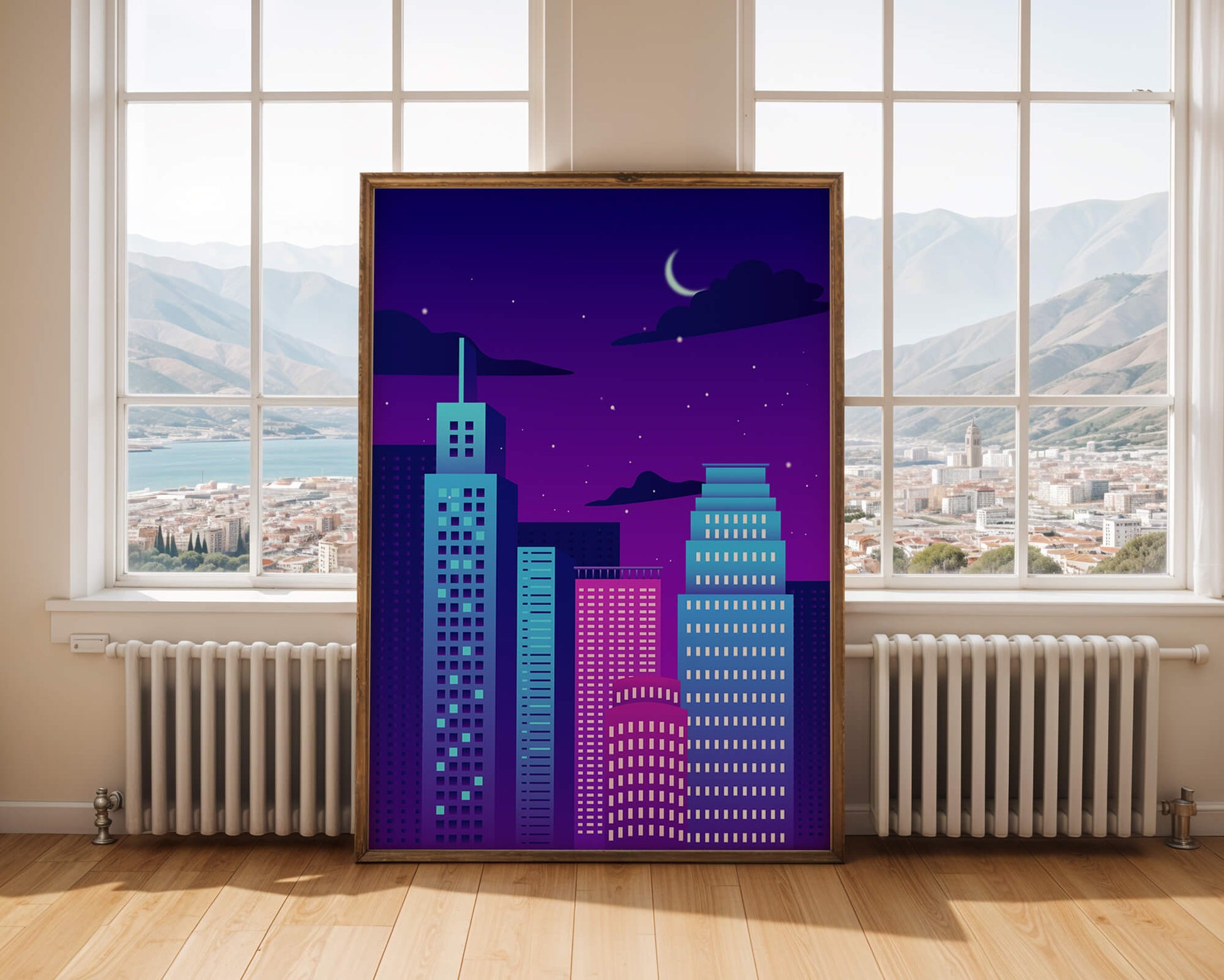 Vibrant city skyline at night with modern skyscrapers and starry sky