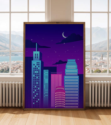 Vibrant city skyline at night with modern skyscrapers and starry sky