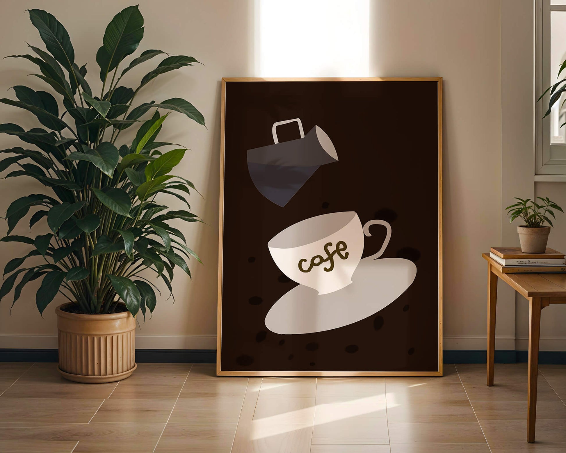 Minimalist coffee cup with pouring pot on dark background