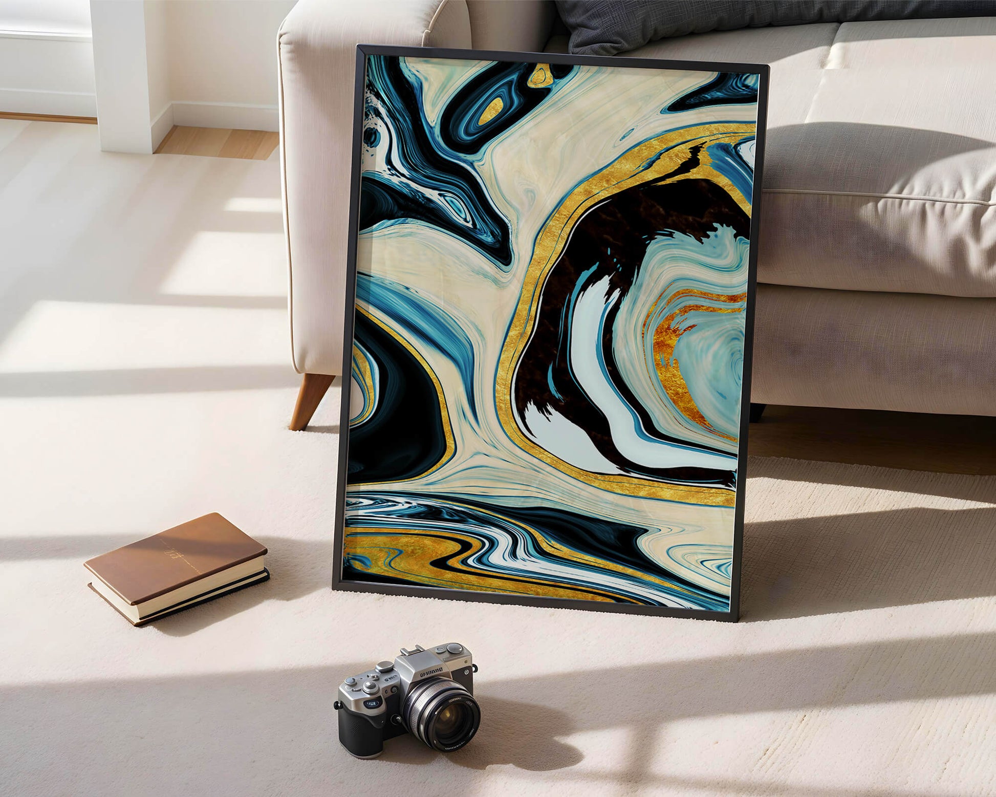 Abstract Marble Art with Gold Accents in Blue and Black Swirls
