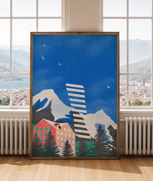 Complejo montañoso en un paisaje vibrante con cielo azul y pájaros