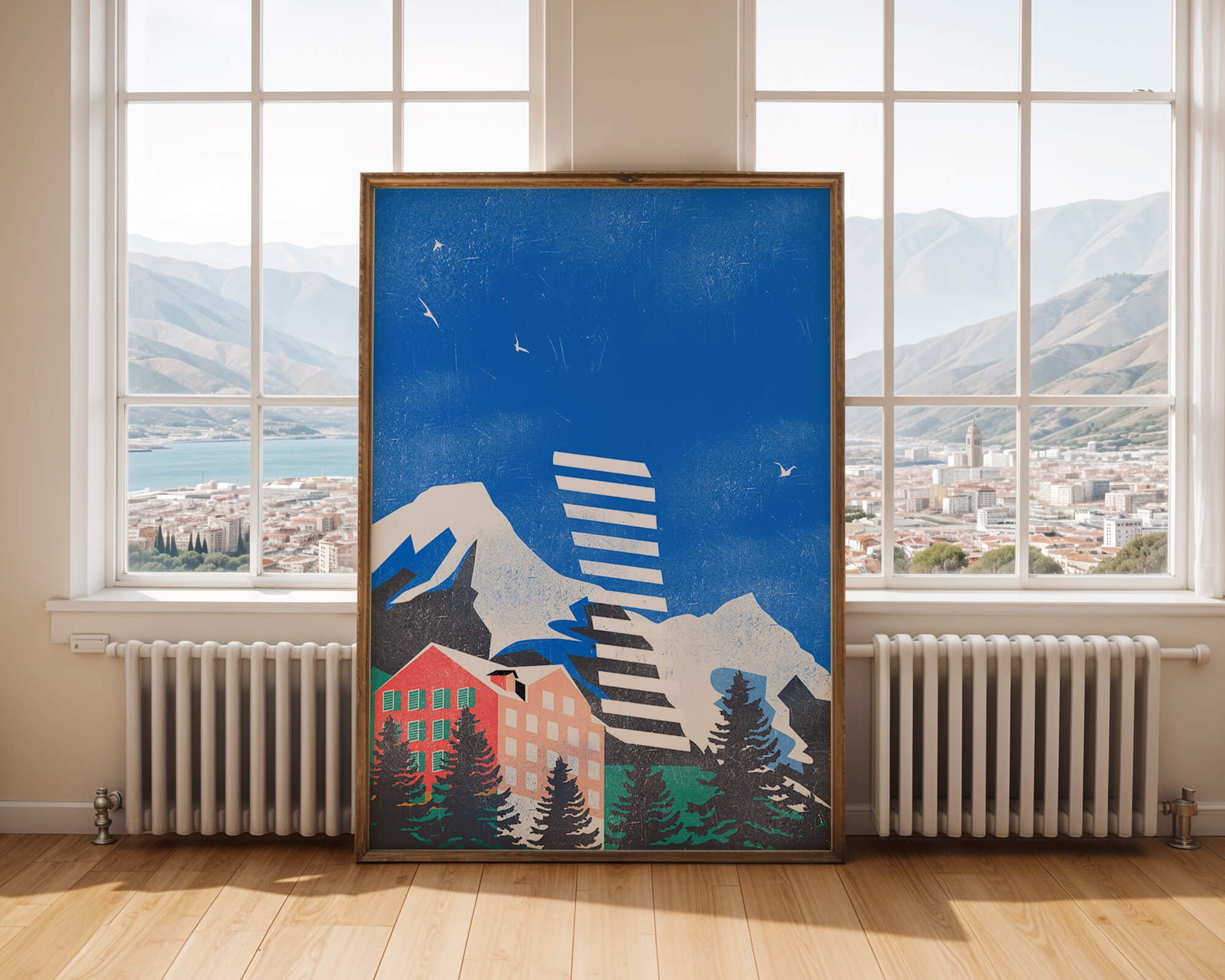 Mountain Resort in a Vibrant Landscape with Blue Sky and Birds