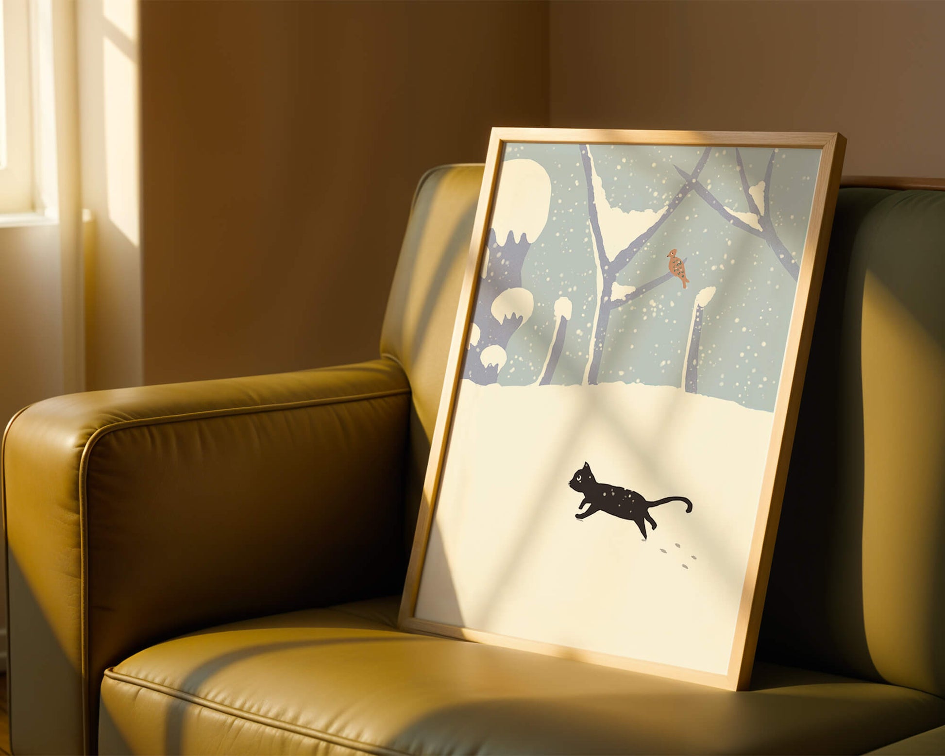 Illustrated snowy landscape with playful black cat and bird in winter scenery