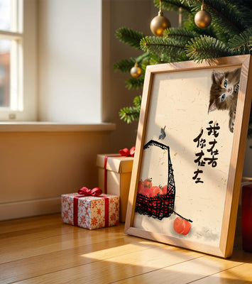 Peaceful illustration with kitten, bird, and basket of tomatoes in soft tones