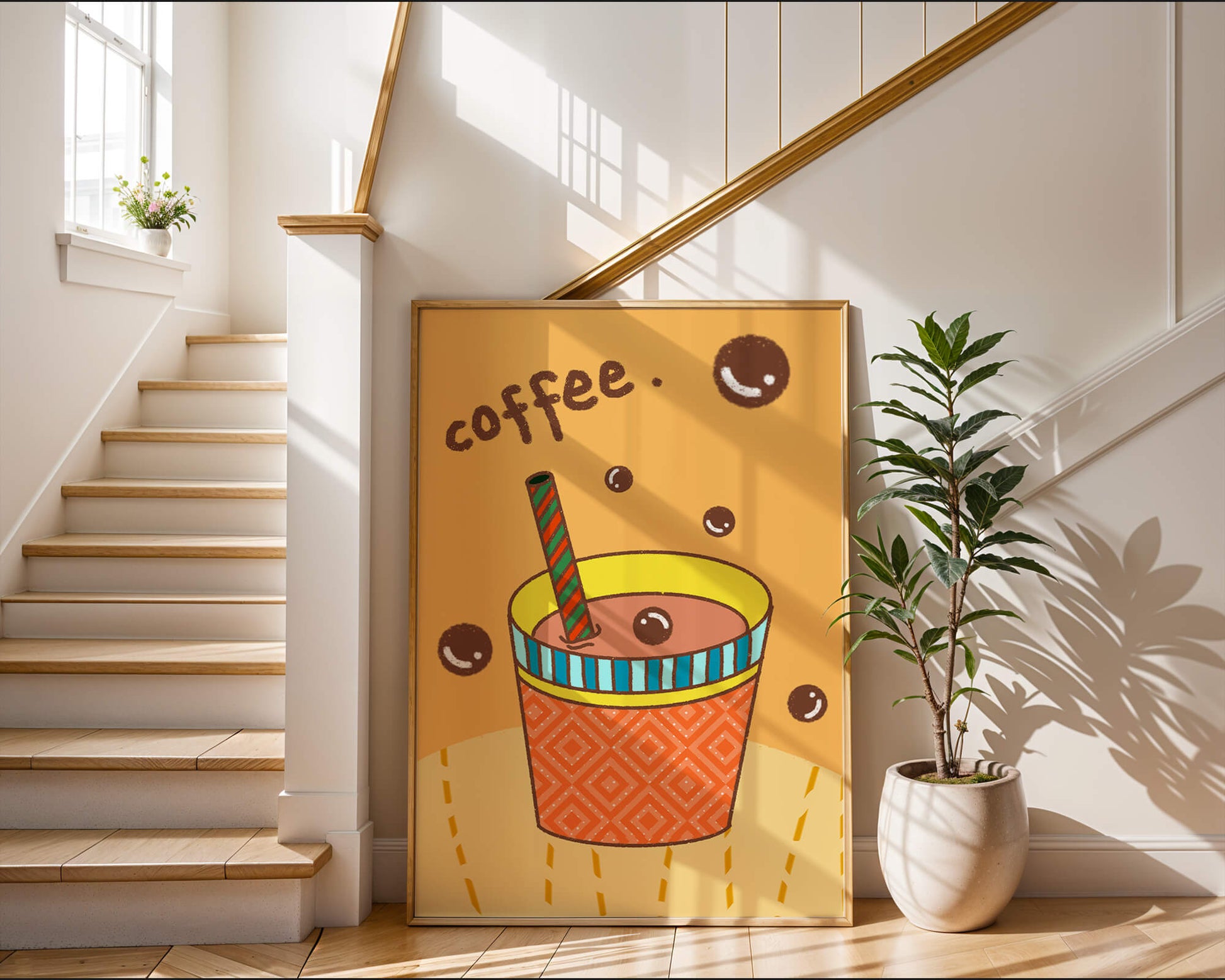 Colorful coffee cup illustration with bubbles and straw