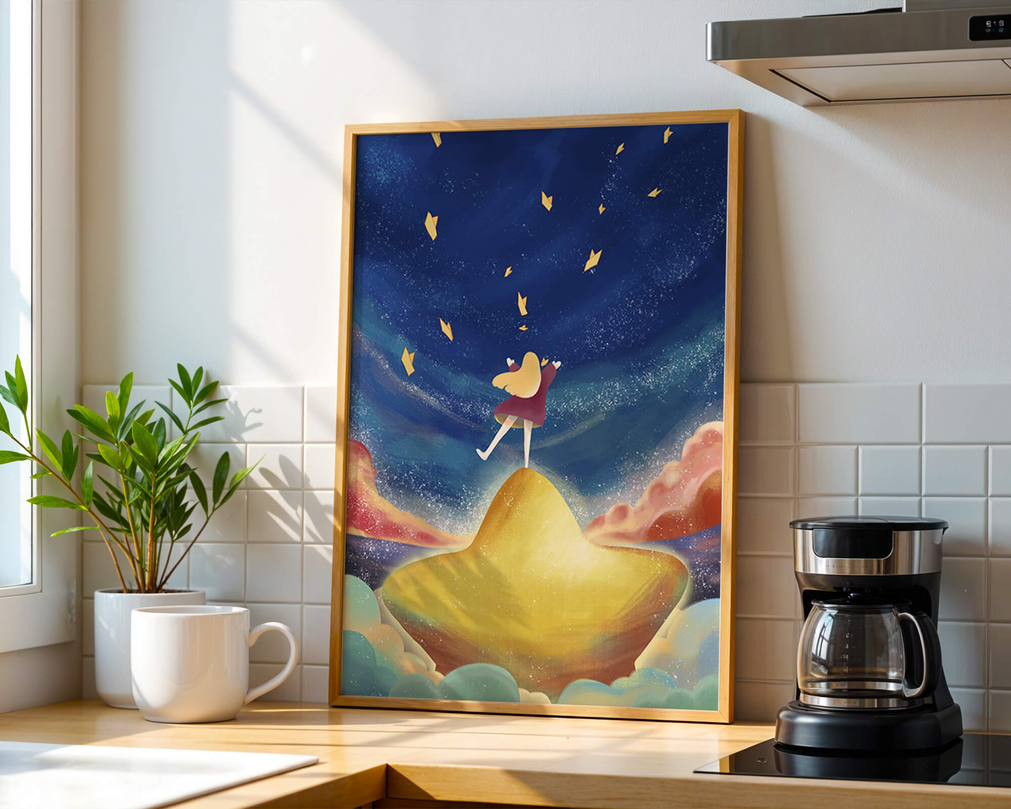 Girl standing on a golden hill reaching for stars in a dreamy night sky