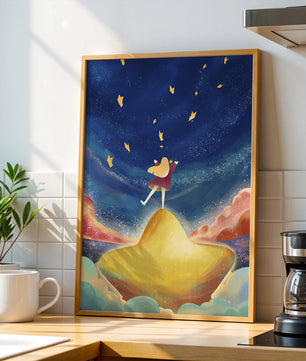 Girl standing on a golden hill reaching for stars in a dreamy night sky