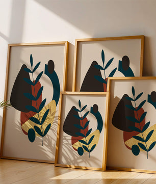Abstract Botanical Composition with Geometric Shapes and Gold Accent - Mi tienda