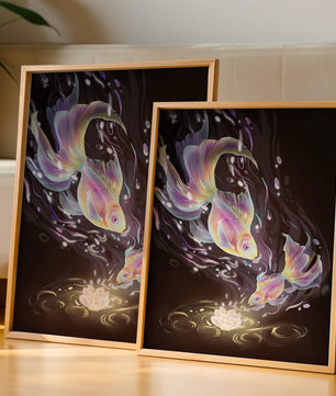 Colorful Koi Fish in a Dreamlike Underwater Scene with Illuminated Elements