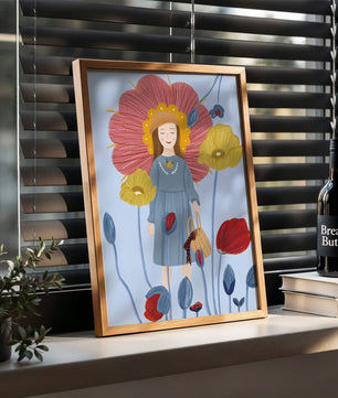 Fille dans un pays des merveilles fleuri avec des couleurs pastel et des fleurs vibrantes