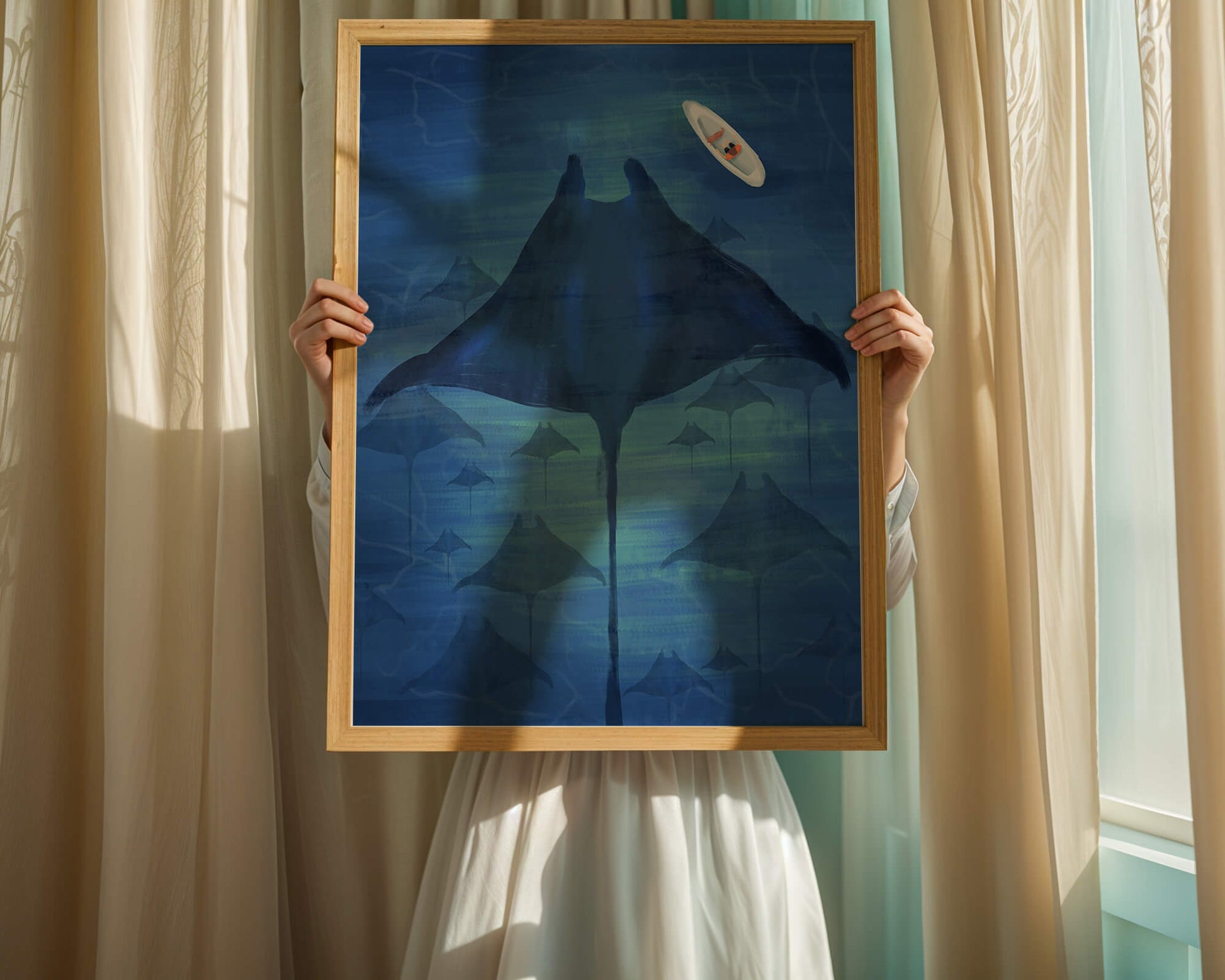 Serene underwater scene with manta rays and a lone kayak