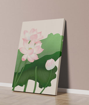 Delicate pink lotus flowers with verdant green leaves
