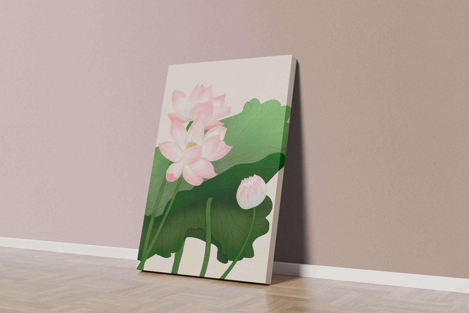 Delicate pink lotus flowers with verdant green leaves
