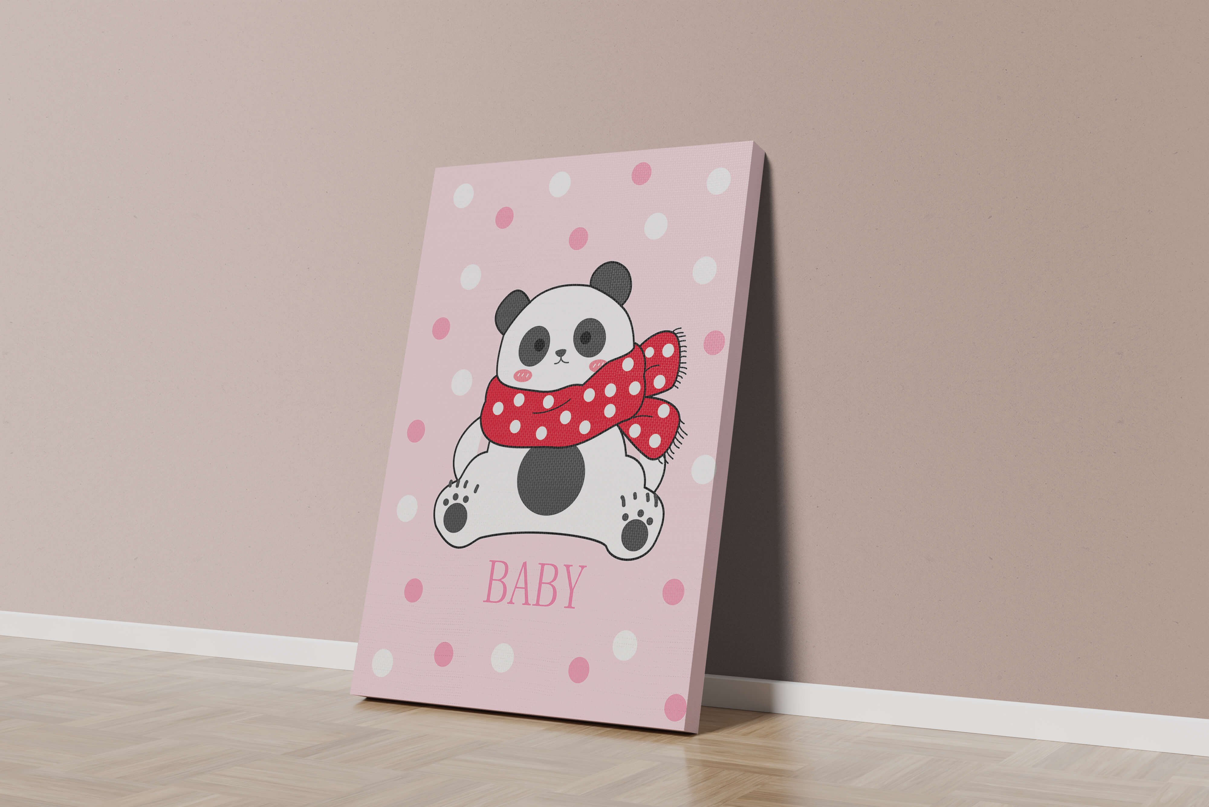 Cartoon panda with red scarf on pink polka dot background