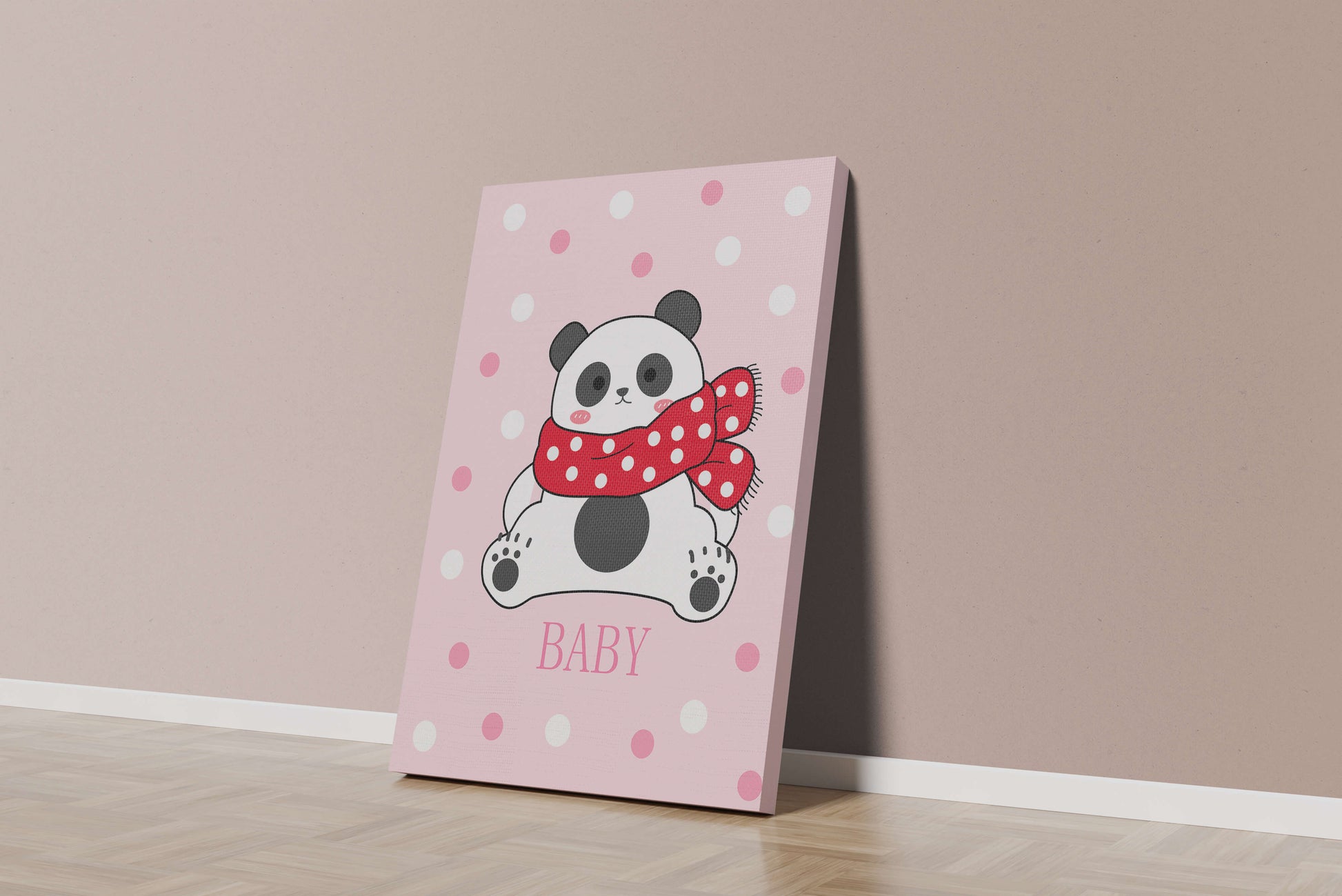 Cartoon panda with red scarf on pink polka dot background