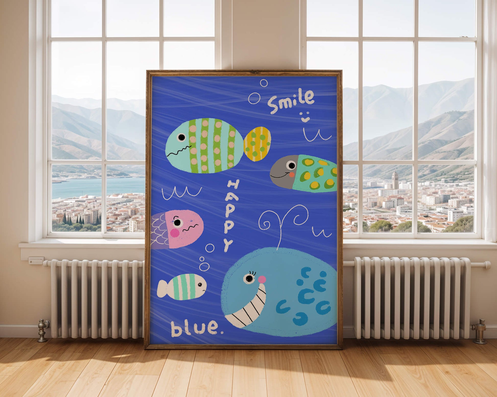 Colorful underwater scene with smiling cartoon fish