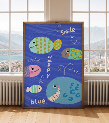 Colorful underwater scene with smiling cartoon fish