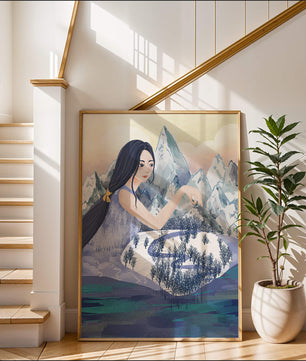 Majestic Woman Overlooking Snowy Mountain Landscape