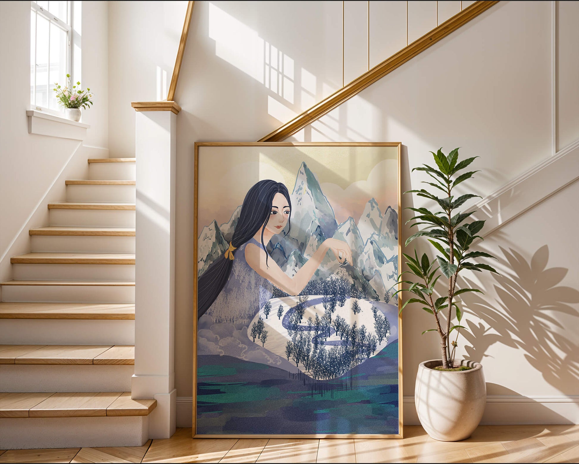 Majestic Woman Overlooking Snowy Mountain Landscape