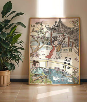Tranquil Asian Garden Scene with Pandas and Blossoms