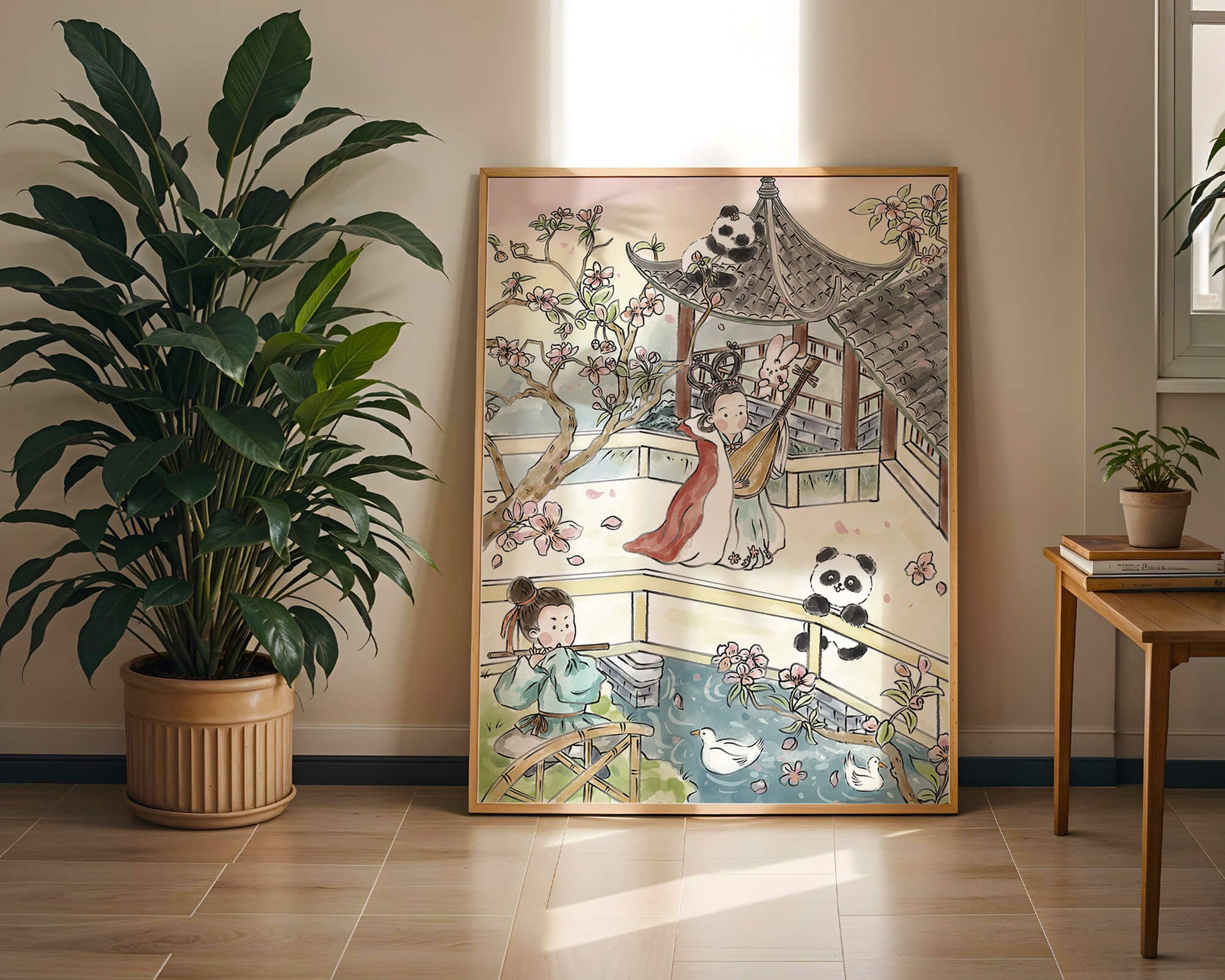 Escena tranquila de jardín asiático con pandas y flores