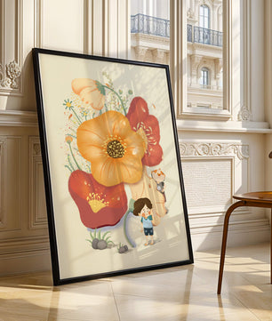 Charming Illustration of Children among Large Flowers with Playful Puppy