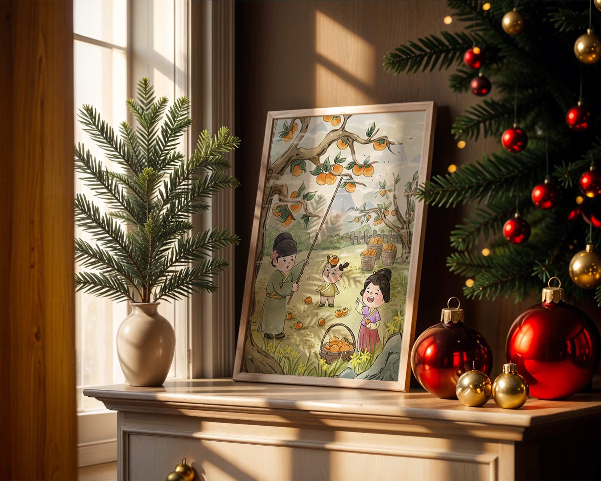 Illustration of children harvesting persimmons in a traditional setting