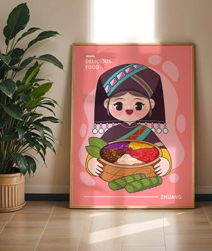 Personnage de dessin animé charmant en tenue traditionnelle tenant un panier de nourriture coloré