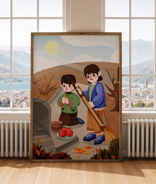Niños participando en un ritual de otoño con ofrendas e incienso
