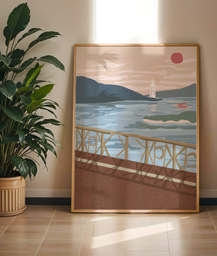 Coastal Landscape with Lighthouse and Artistic Fence at Sunset