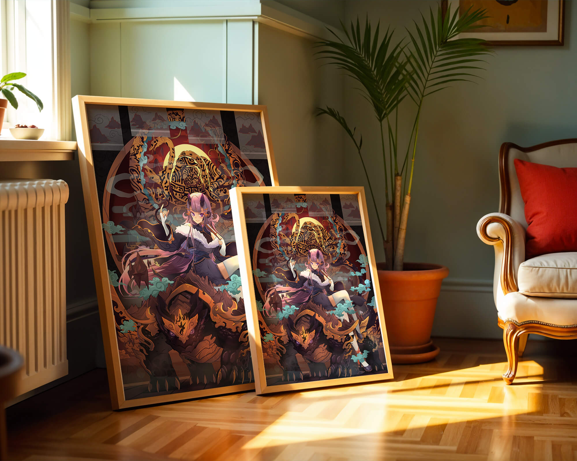 Fantasy character with mythical beast in vibrant illustration