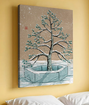 Paisaje invernal con ilustración de árbol bonsái cubierto de nieve