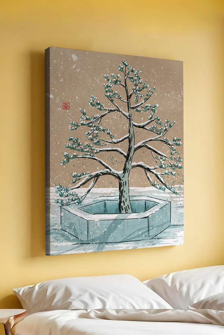 Paisaje invernal con ilustración de árbol bonsái cubierto de nieve