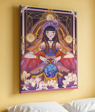 Obra de arte de fantasía con una adivina que tiene una bola de cristal y flores