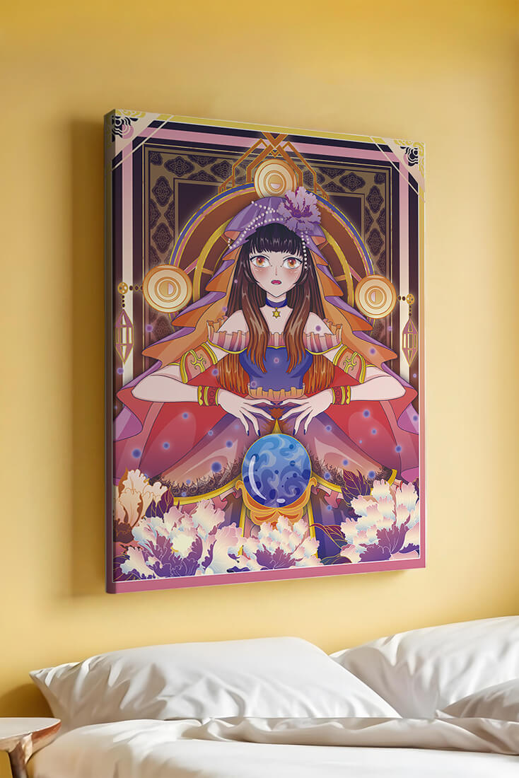 Fantasy Artwork Featuring a Fortune Teller with Crystal Ball and Flowers