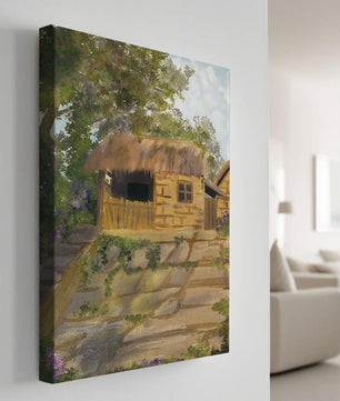 Charming Countryside Cottage with Thatch Roof and Lush Greenery