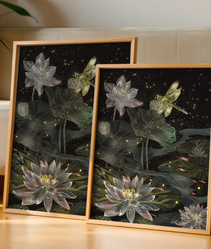 Lotus Flowers and Dragonfly in Nighttime Pond