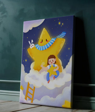 Enfant fantaisiste assis sur un nuage avec une étoile et un lapin dans le ciel nocturne