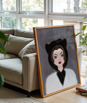 Illustration of a woman in a cat hoodie on a soft gray background