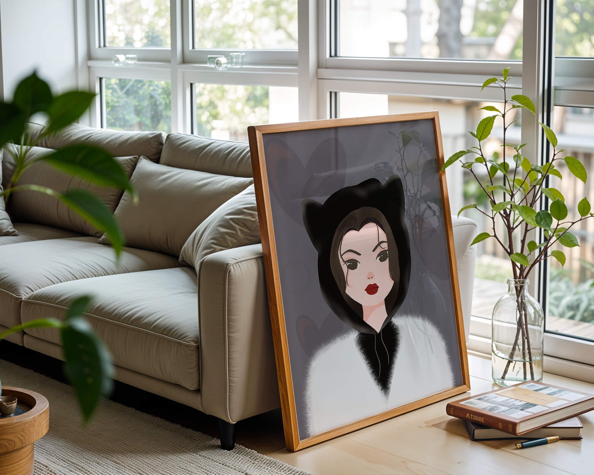 Illustration of a woman in a cat hoodie on a soft gray background
